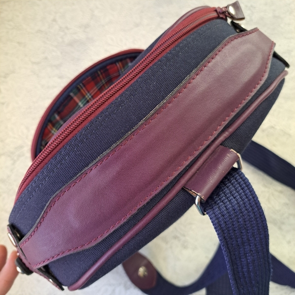 Small Canvas & Leather Backpack Navy and Plum with Silver Hardware Bee Accent - Picture 9 of 14